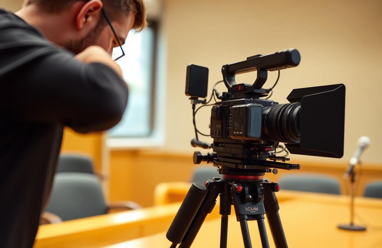 Court videographer adjusting a professional video camera on a tripod in a deposition room