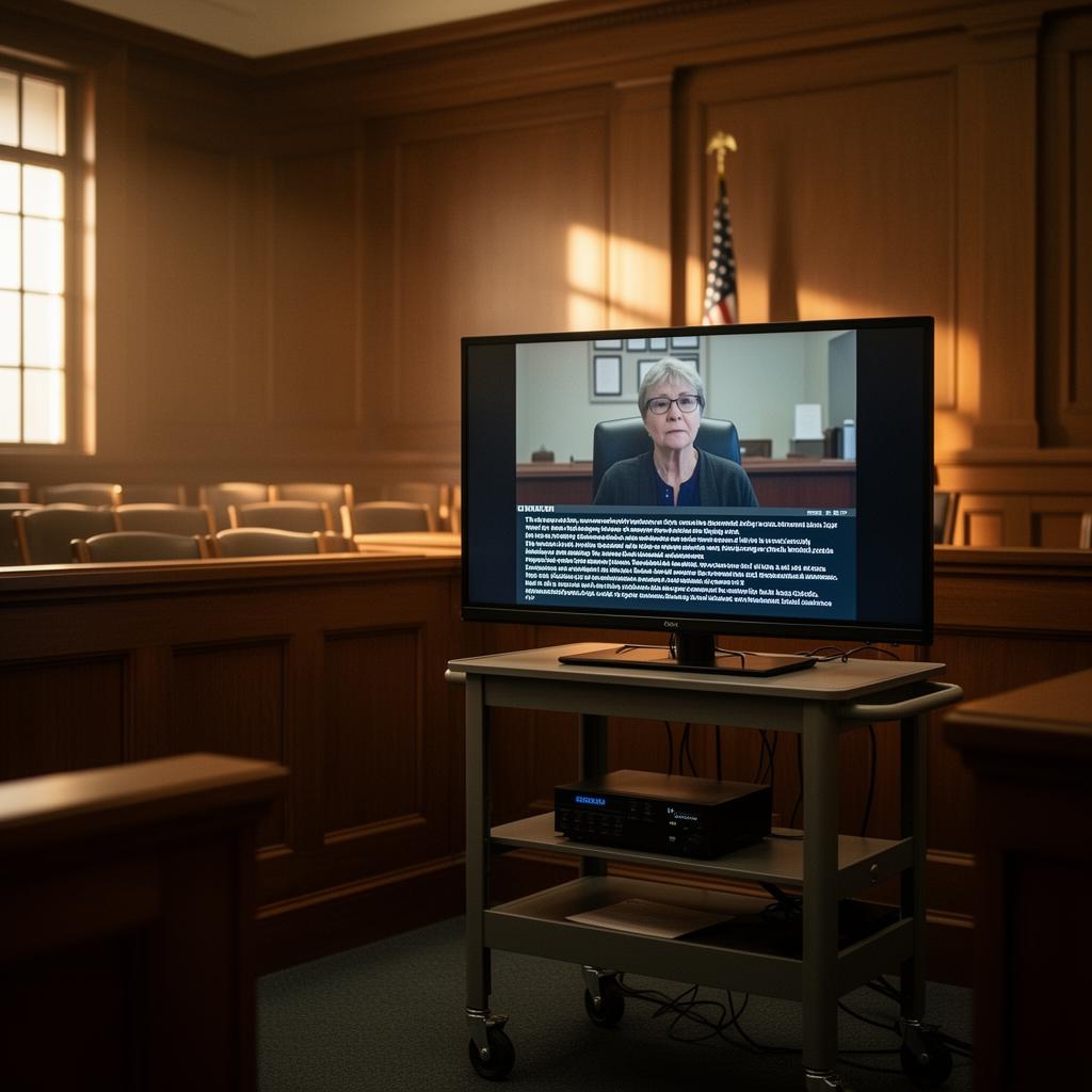 Large monitor on a rolling cart in a wood-paneled courtroom playing a synchronized video deposition with scrolling transcript