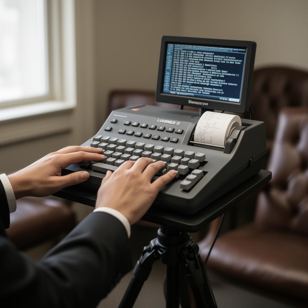 Court reporter's hands on a stenotype machine while attorney speaks in the background