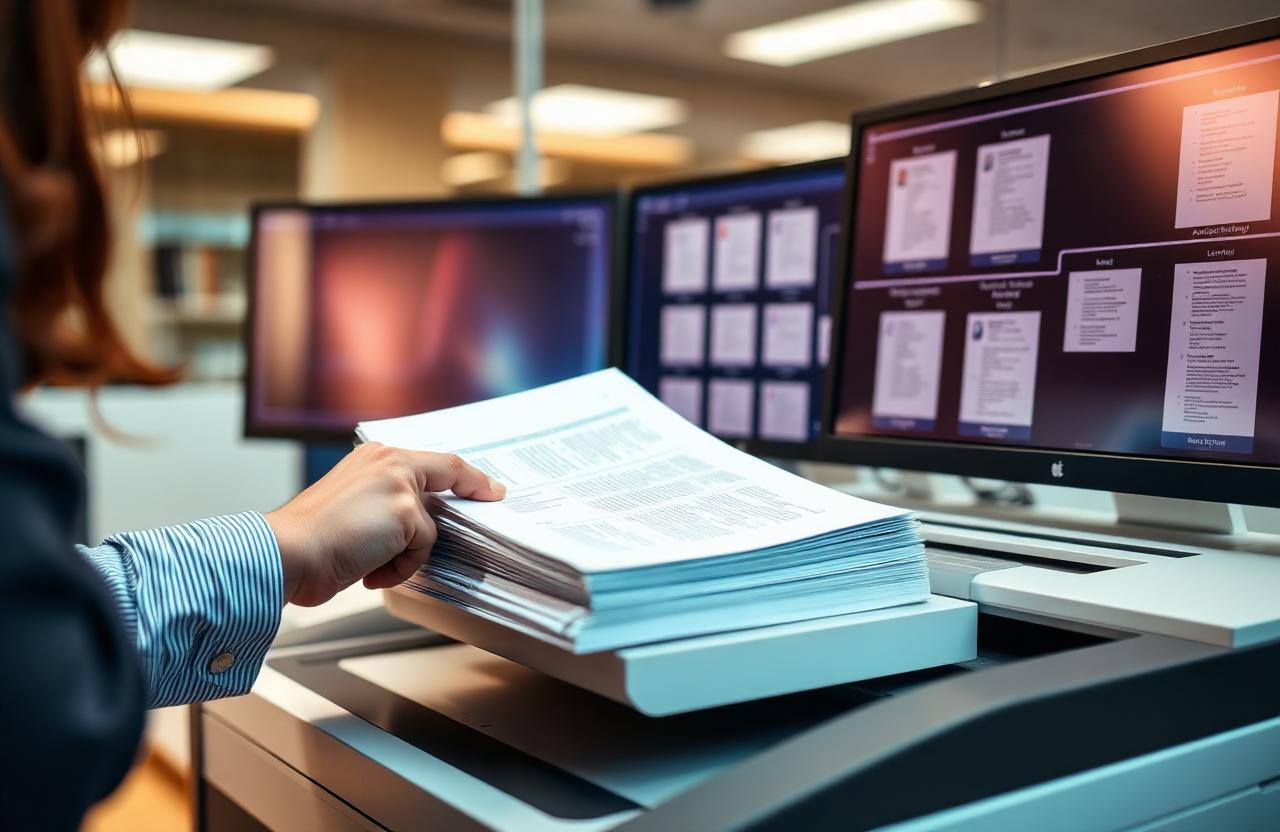 Paralegal feeding a stack of legal exhibits into a high-speed scanner with document thumbnails on monitors