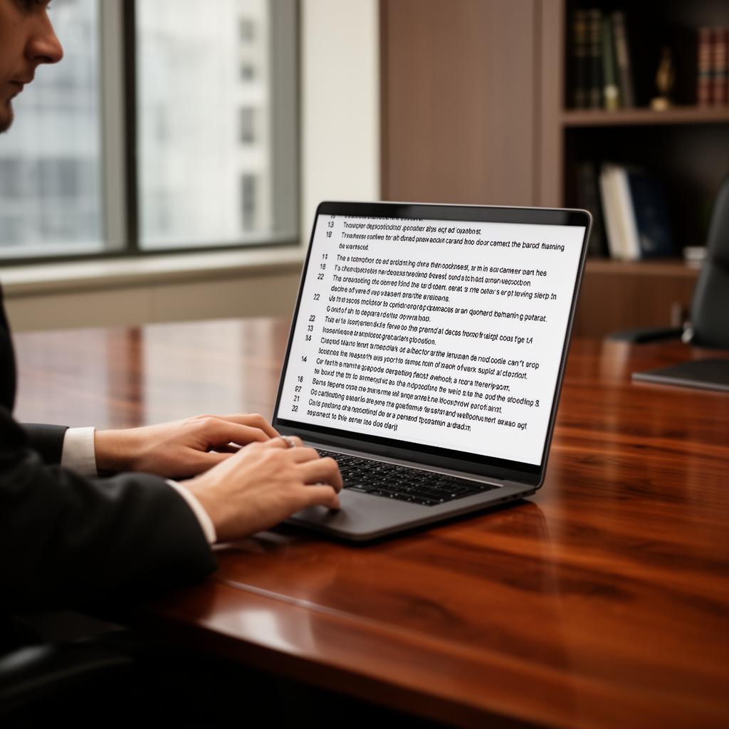 Attorney reviewing a live realtime deposition transcript on a laptop in a law office