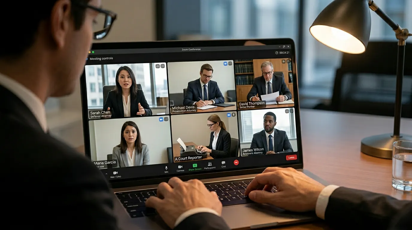 Over-the-shoulder view of an attorney on a laptop video conference call in a modern law office