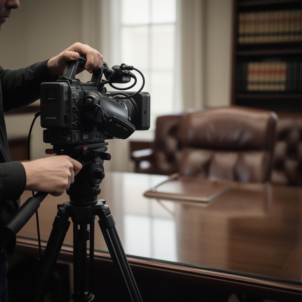 Legal videographer adjusting a broadcast-quality camera on a tripod across a polished deposition conference table
