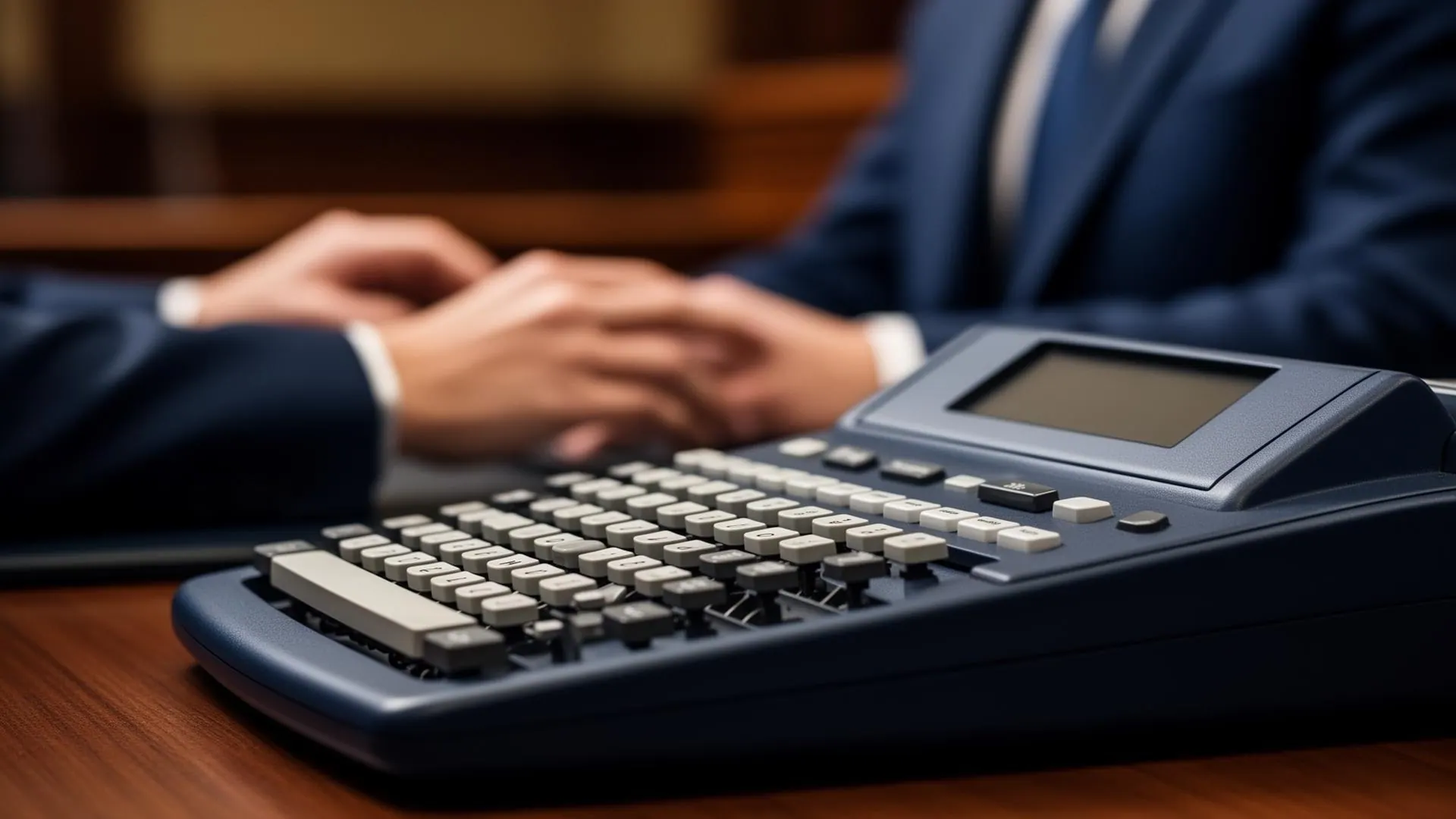 Close-up of a stenotype machine on a polished wood desk with a court reporter's hands in soft focus