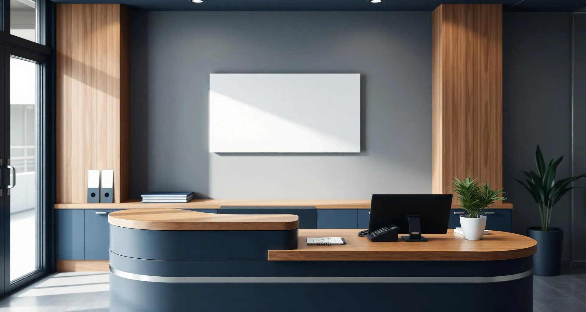 Modern law office reception with phone at the front desk