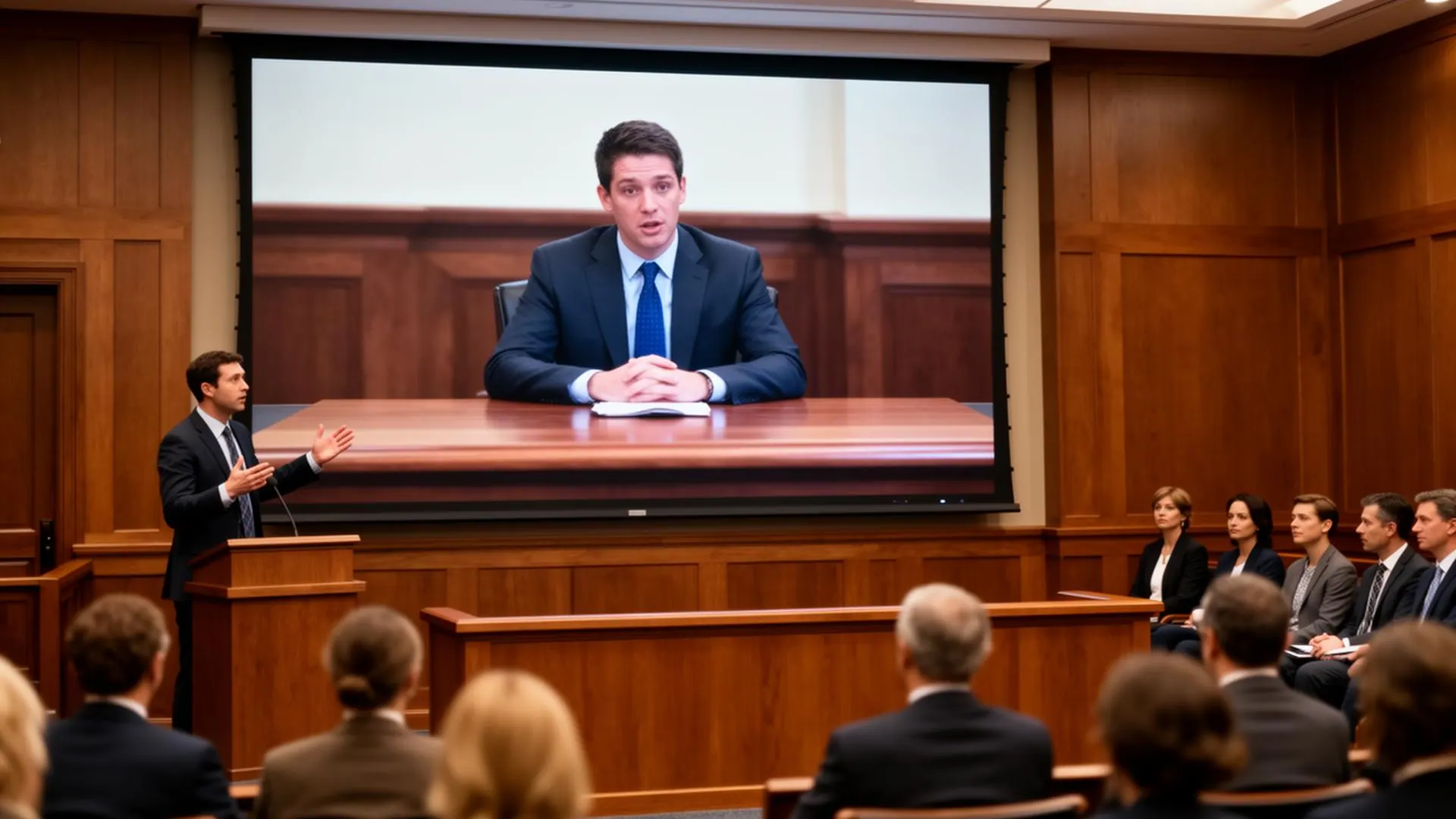 Large courtroom projection screen displaying paused video deposition testimony with attorney at podium and jury in soft focus