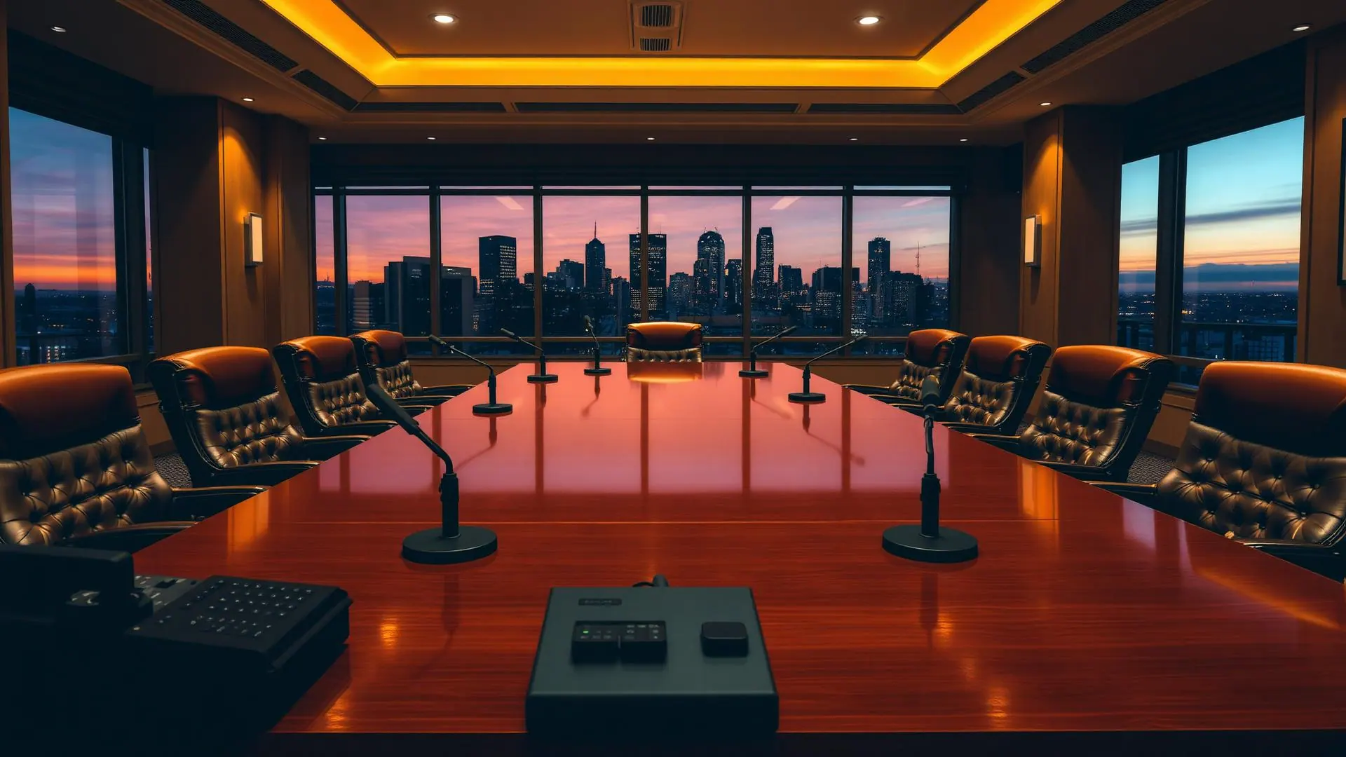 Empty deposition conference room at dusk with reporter station and city skyline beyond