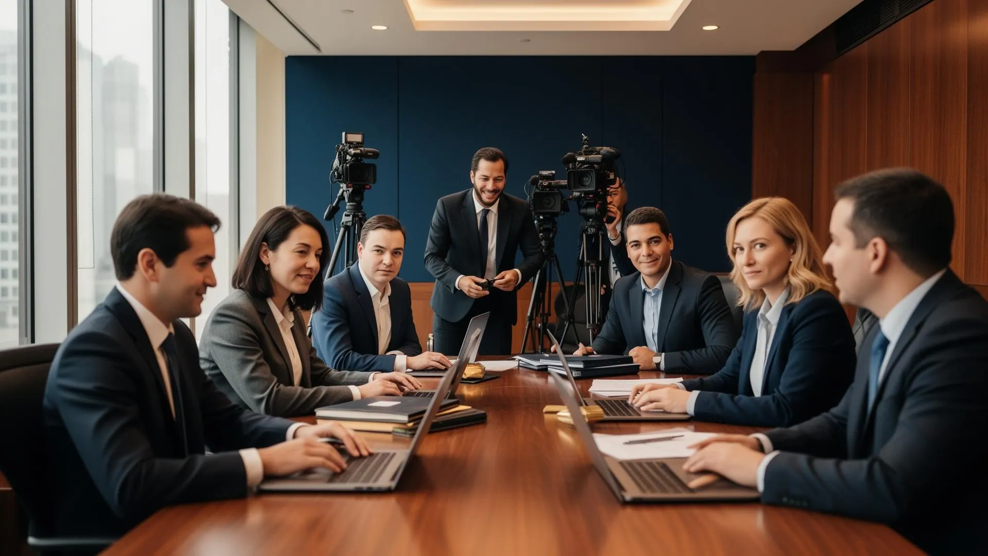 Group of legal professionals collaborating around a conference table with video equipment in the background