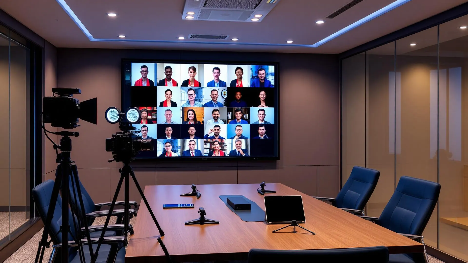 Private legal video conference suite with broadcast cameras and a wall display