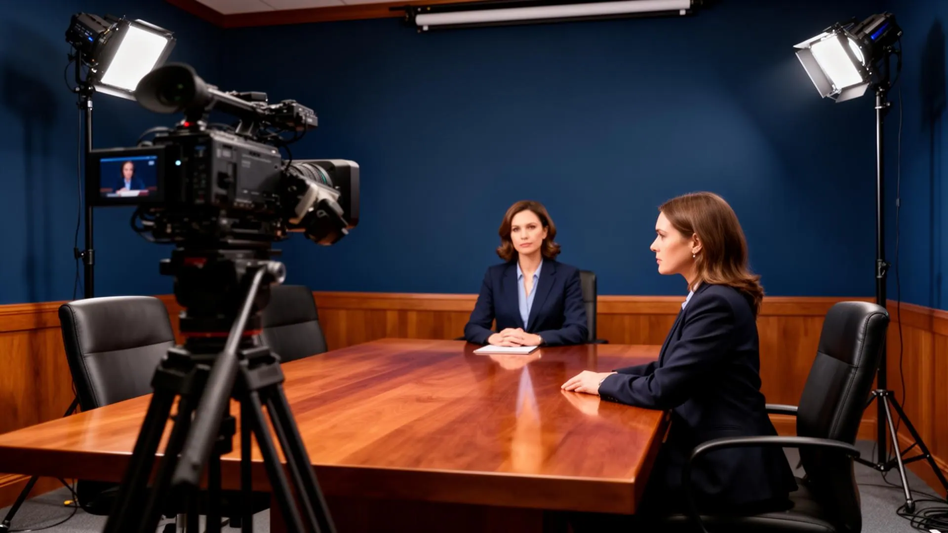 Broadcast-quality video camera on tripod recording a witness across a polished conference table under professional lighting