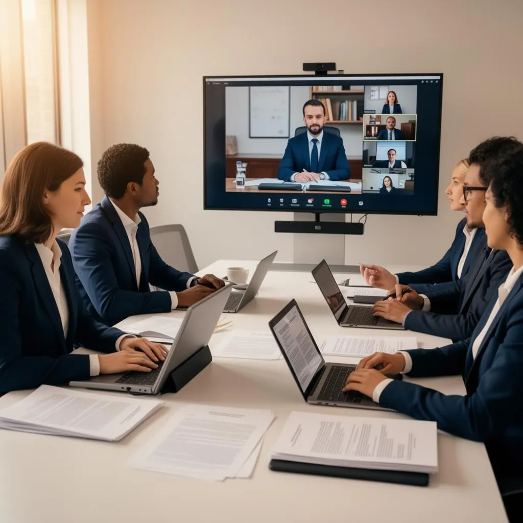 Brandon Legal Tech team collaborating around a conference table with laptops, transcripts, and a video deposition on screen